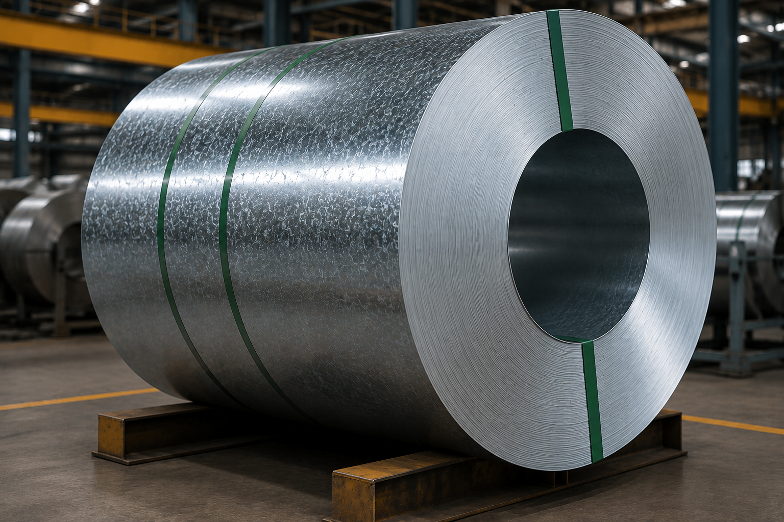 Galvanized steel coil and sheet with zinc-coated surface in an industrial warehouse