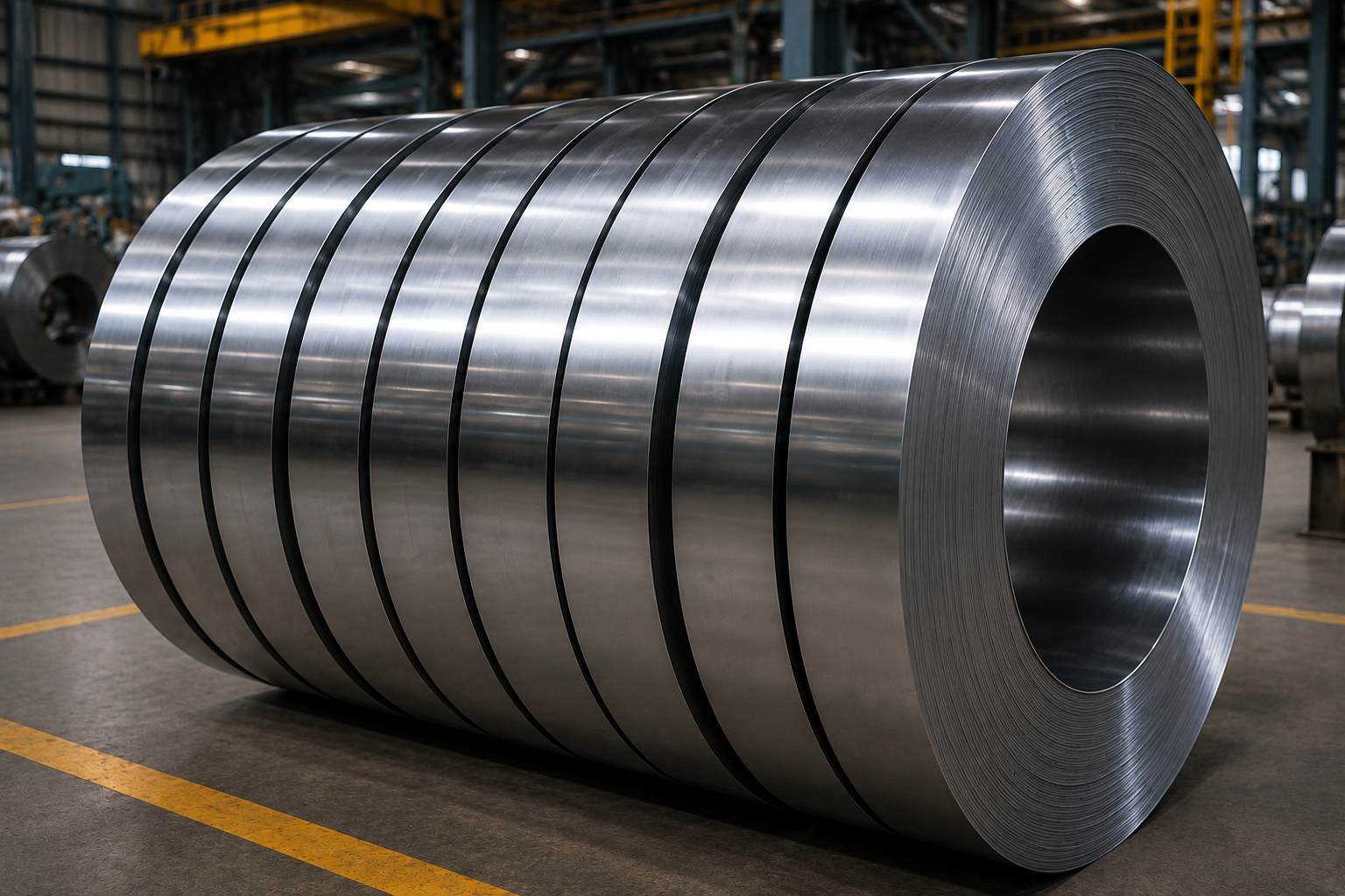 Slitted steel strip and coil in an industrial warehouse