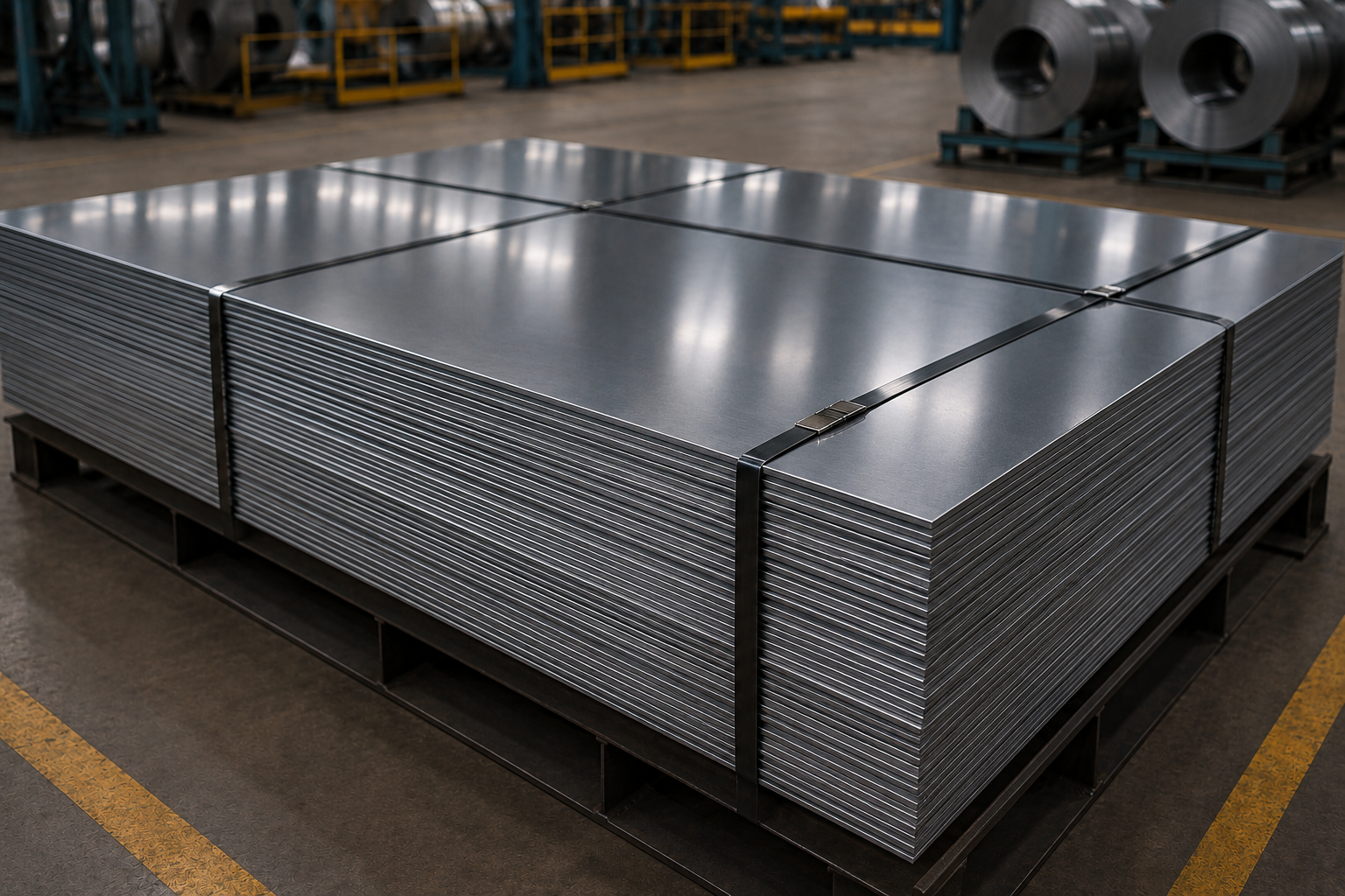 Flat-rolled steel sheets stacked and strapped in an industrial warehouse