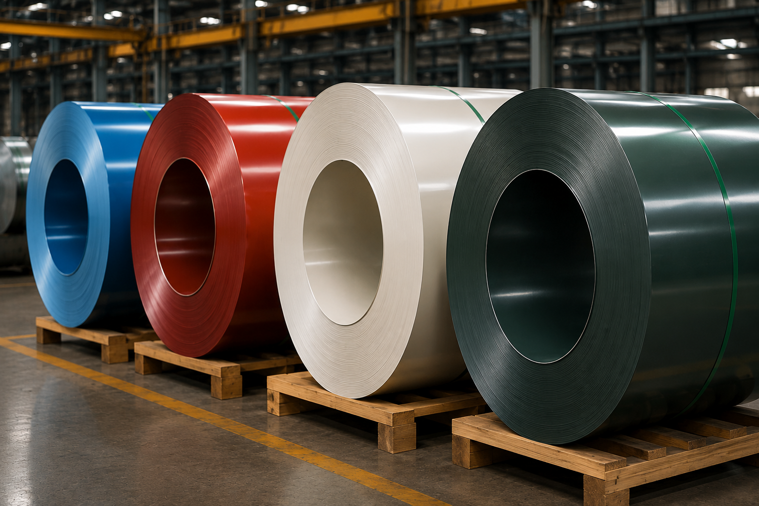 Pre-painted color coated steel coil and sheet in an industrial warehouse